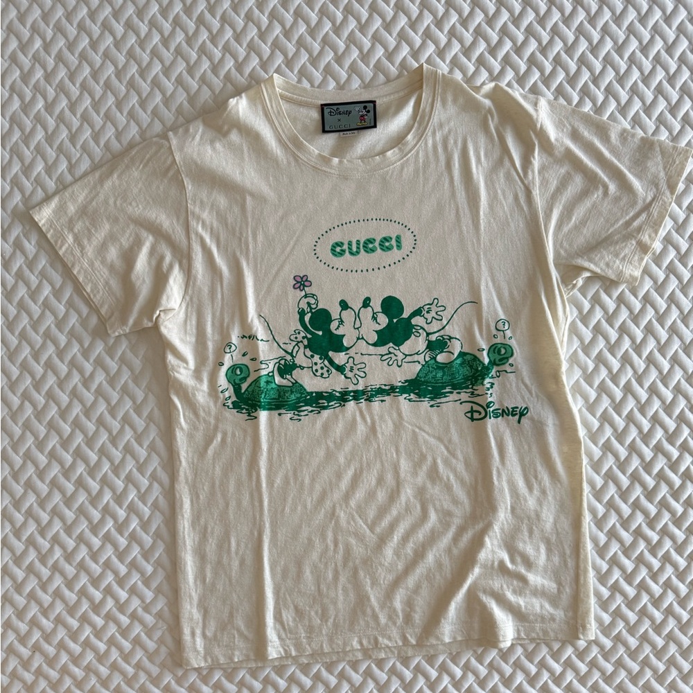 Gucci x Disney Cream Tee with Mickey and Minnie Graphic